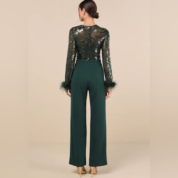 Lulus limitless radiance green sequin feather long sleeve jumpsuit sz S nwot - Picture 2 of 4
